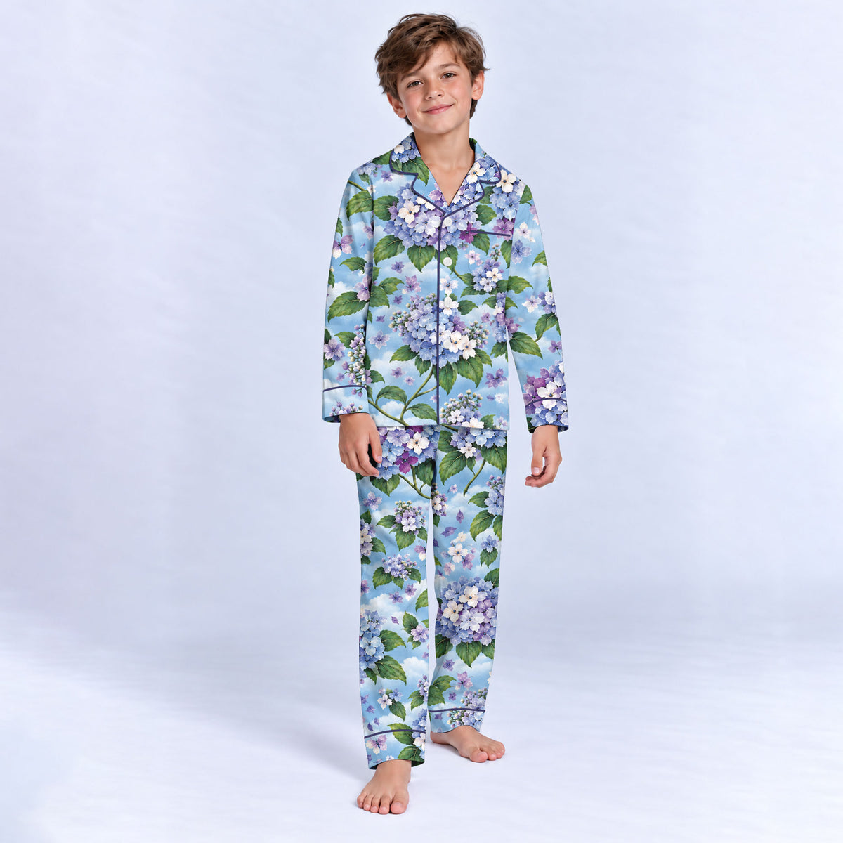 Floral Hydrangea Pajama Set, Blue Botanical Flower Sleepwear, Cozy Long Sleeve Button Down Pajamas For Kids