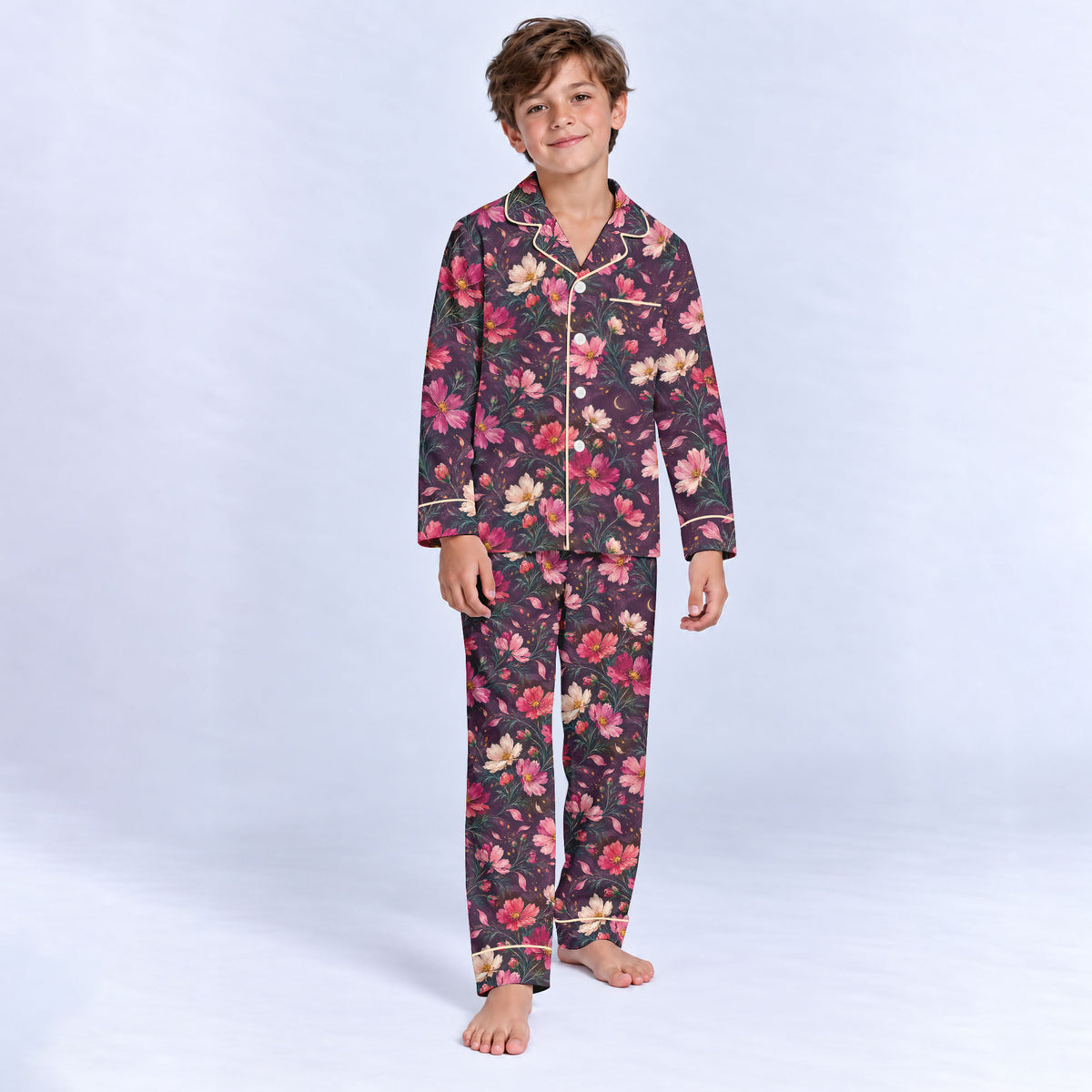Floral Cosmos Pajama Set, Romantic Wildflower Sleepwear, Cozy Long Sleeve Button Down Pajamas For Kids