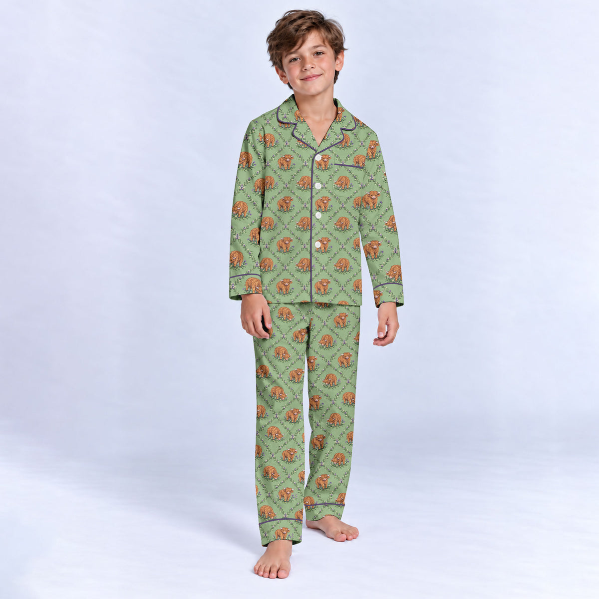 Highland Cow Pajama Set, Floral Highland Cow Sleepwear, Cozy Long Sleeve Button Down Pajamas For Kid