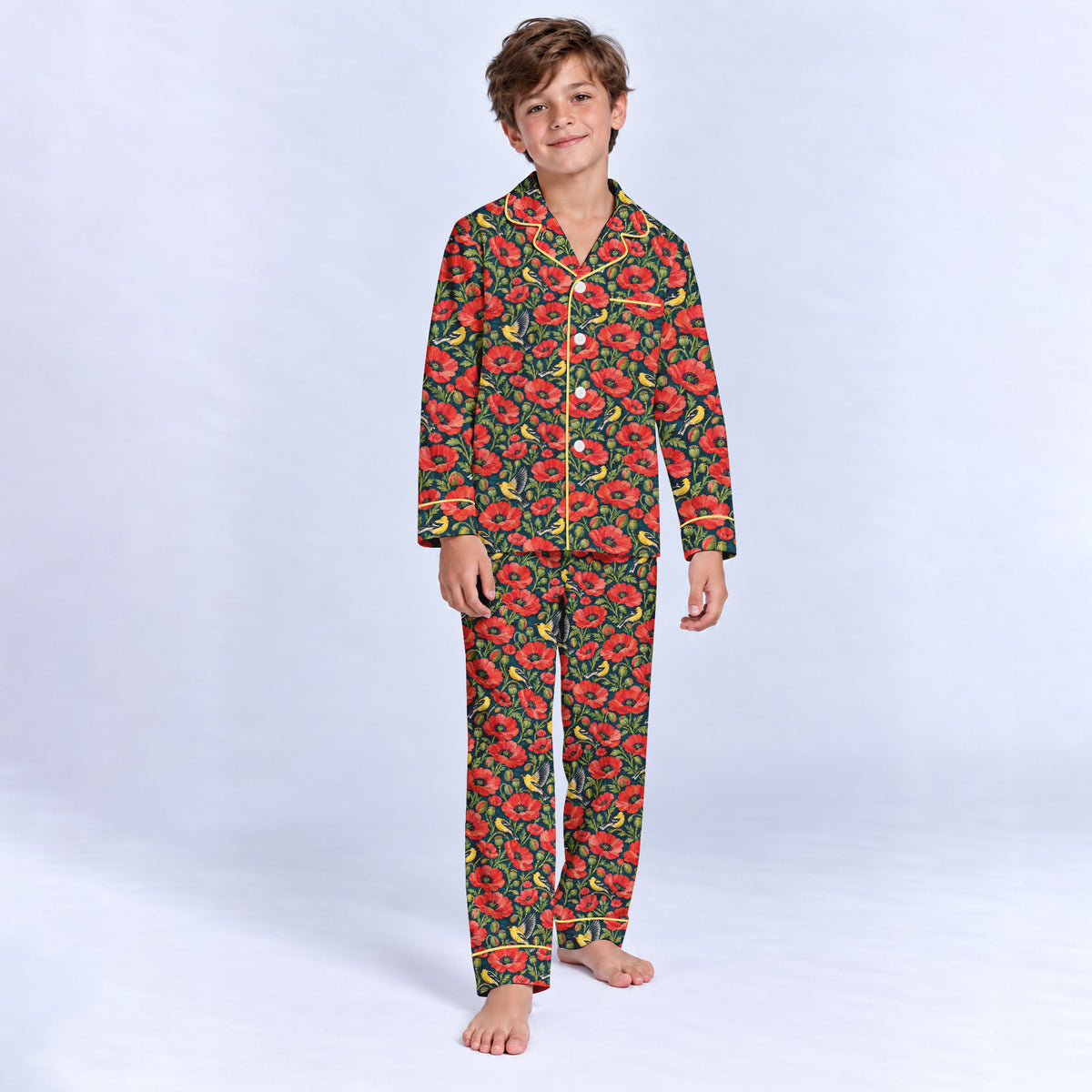 Floral Poppy Pajama Set, Vintage Wildflower Bird Sleepwear, Cozy Long Sleeve Button Down Pajamas For Kids