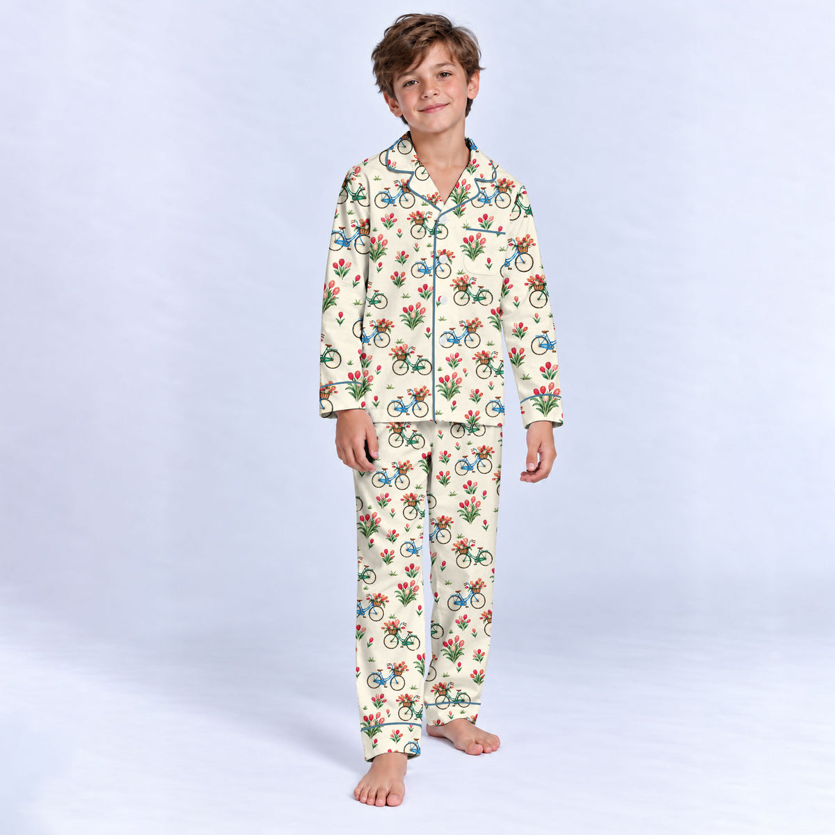 Floral Bicycle Pajama Set, Vintage Tulip Garden Sleepwear, Cozy Long Sleeve Button Down Pajamas For Kids