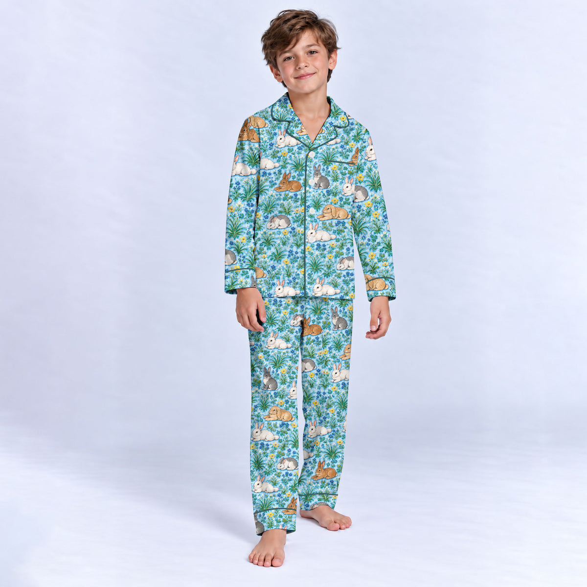 Floral Bunny Pajama Set, Cute Rabbit Garden Sleepwear, Cozy Long Sleeve Button Down Pajamas For Kids