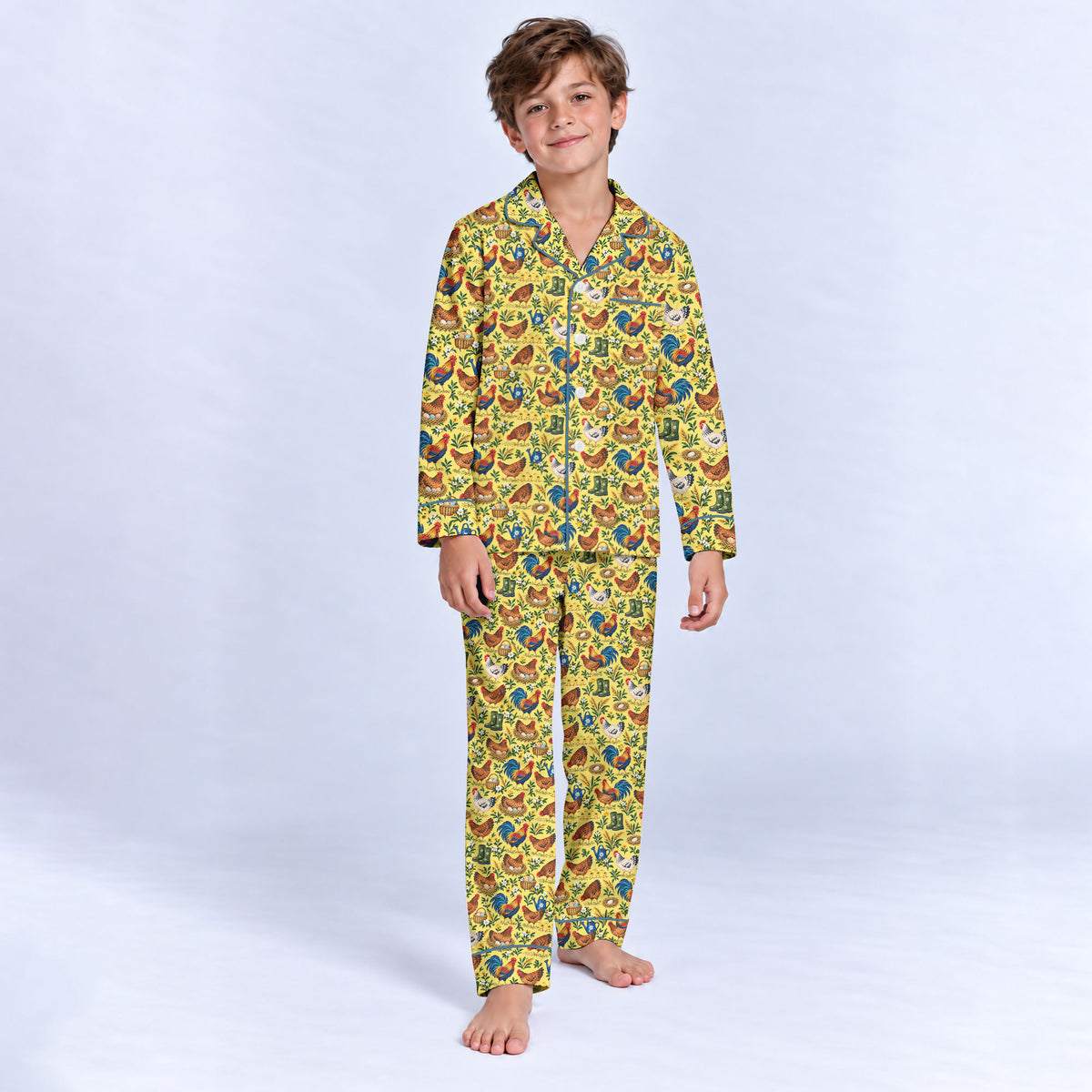 Chicken Farm Pajama Set, Vintage Rooster And Hen Sleepwear, Cozy Long Sleeve Button Down Pajamas For Kids