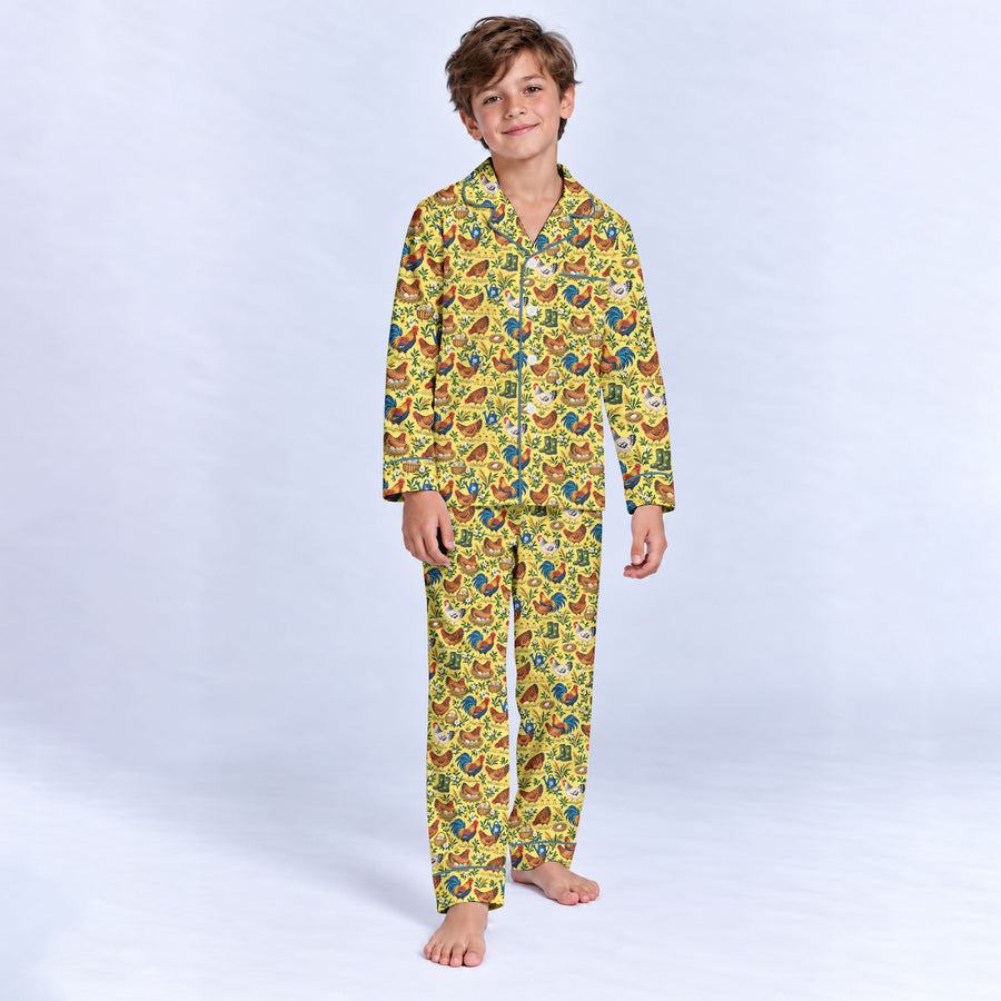 Chicken Farm Pajama Set, Vintage Rooster And Hen Sleepwear, Cozy Long Sleeve Button Down Pajamas For Kids