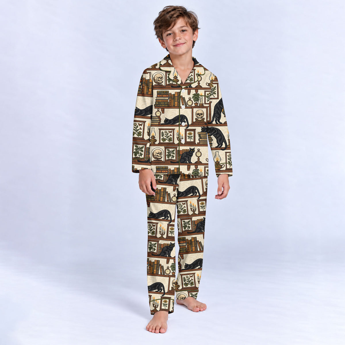 Gothic Black Cat Pajama Set, Vintage Library Cat Sleepwear, Cozy Long Sleeve Button Down Pajamas For Kids
