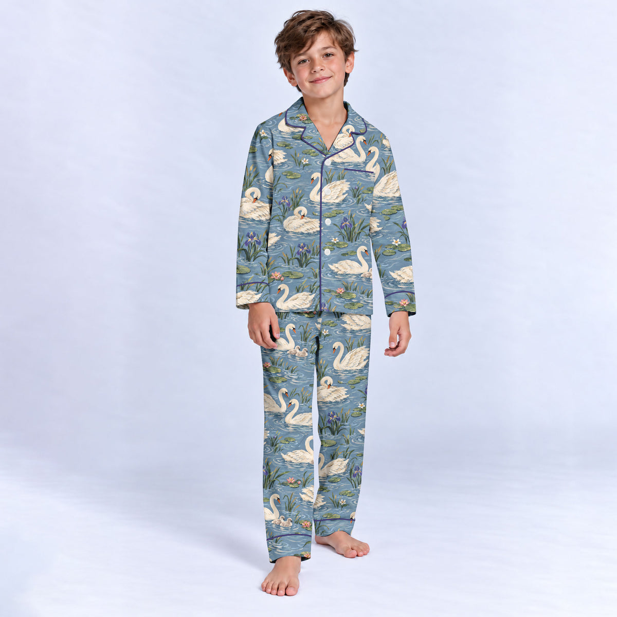 Elegant Swan Pajama Set, Vintage Swan Lake Sleepwear, Cozy Long Sleeve Button Down Pajamas For Kids