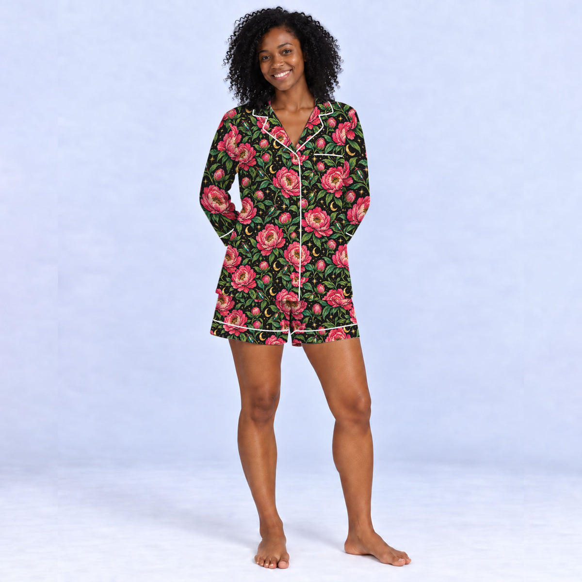 Floral Peony Pajama Set, Celestial Moon Garden Sleepwear, Cozy Long Sleeve Button Down Pajamas For Women