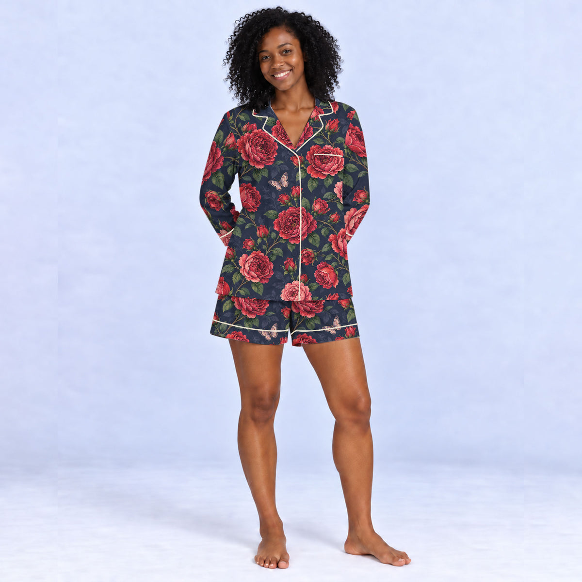 Floral Rose Pajama Set, Vintage Red Rose Butterfly Sleepwear, Cozy Long Sleeve Button Down Pajamas For Women