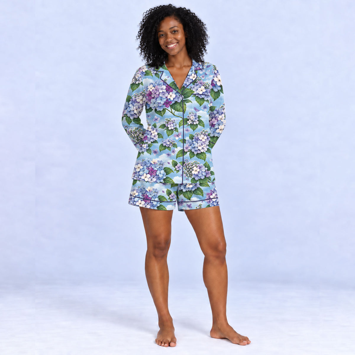 Floral Hydrangea Pajama Set, Blue Botanical Flower Sleepwear, Cozy Long Sleeve Button Down Pajamas For Women