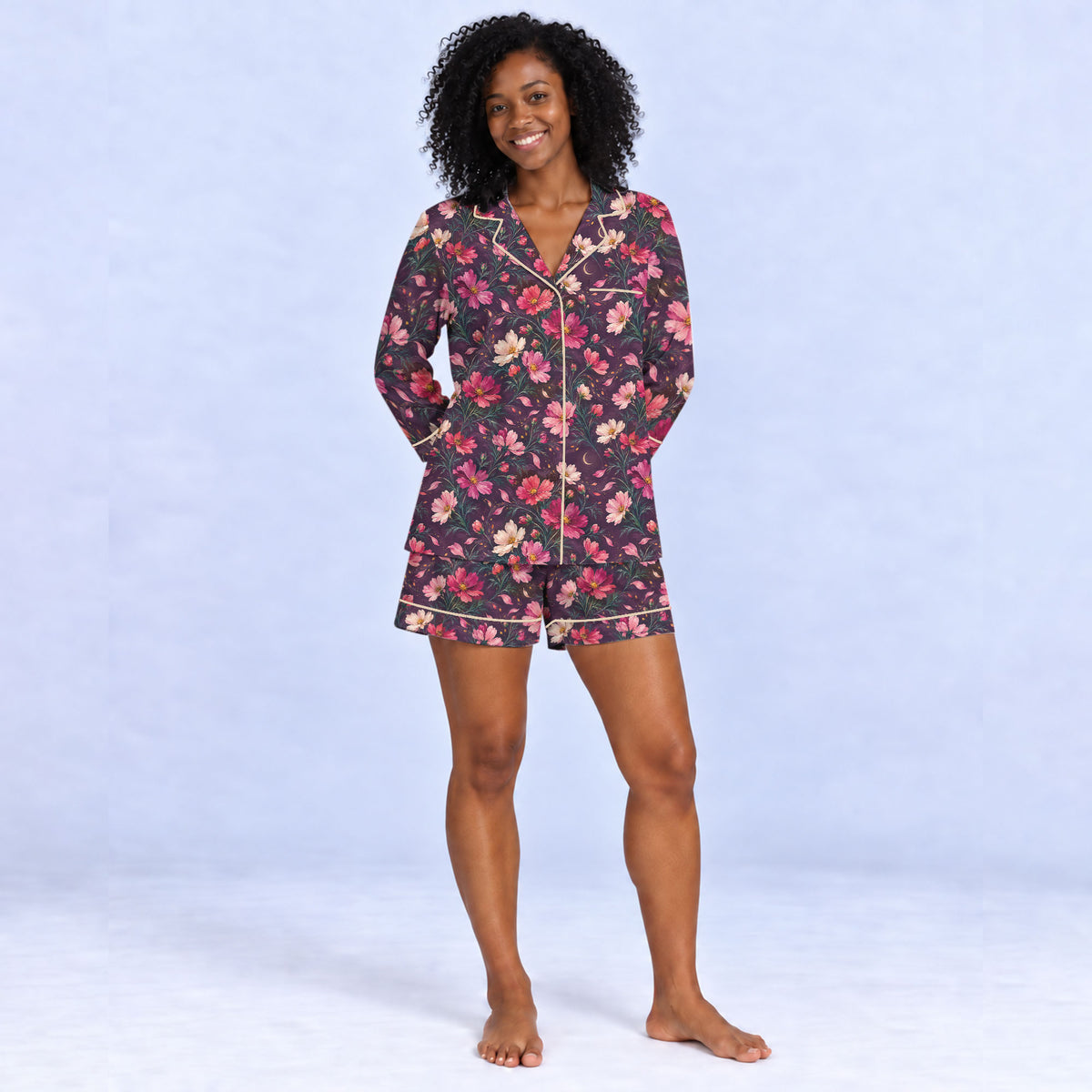Floral Cosmos Pajama Set, Romantic Wildflower Sleepwear, Cozy Long Sleeve Button Down Pajamas For Women