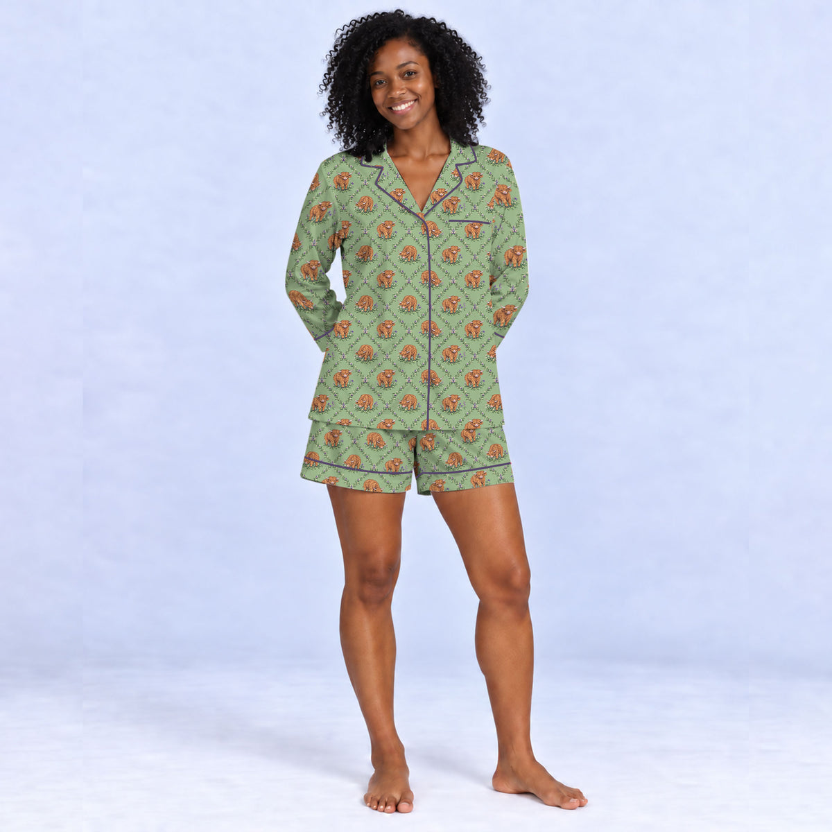 Highland Cow Pajama Set, Floral Highland Cow Sleepwear, Cozy Long Sleeve Button Down Pajamas For Women