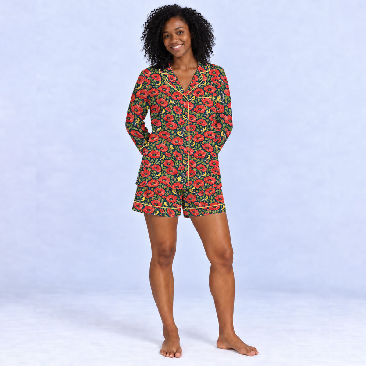Floral Poppy Pajama Set, Vintage Wildflower Bird Sleepwear, Cozy Long Sleeve Button Down Pajamas For Women