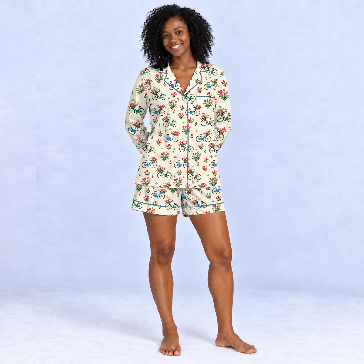 Floral Bicycle Pajama Set, Vintage Tulip Garden Sleepwear, Cozy Long Sleeve Button Down Pajamas For Women