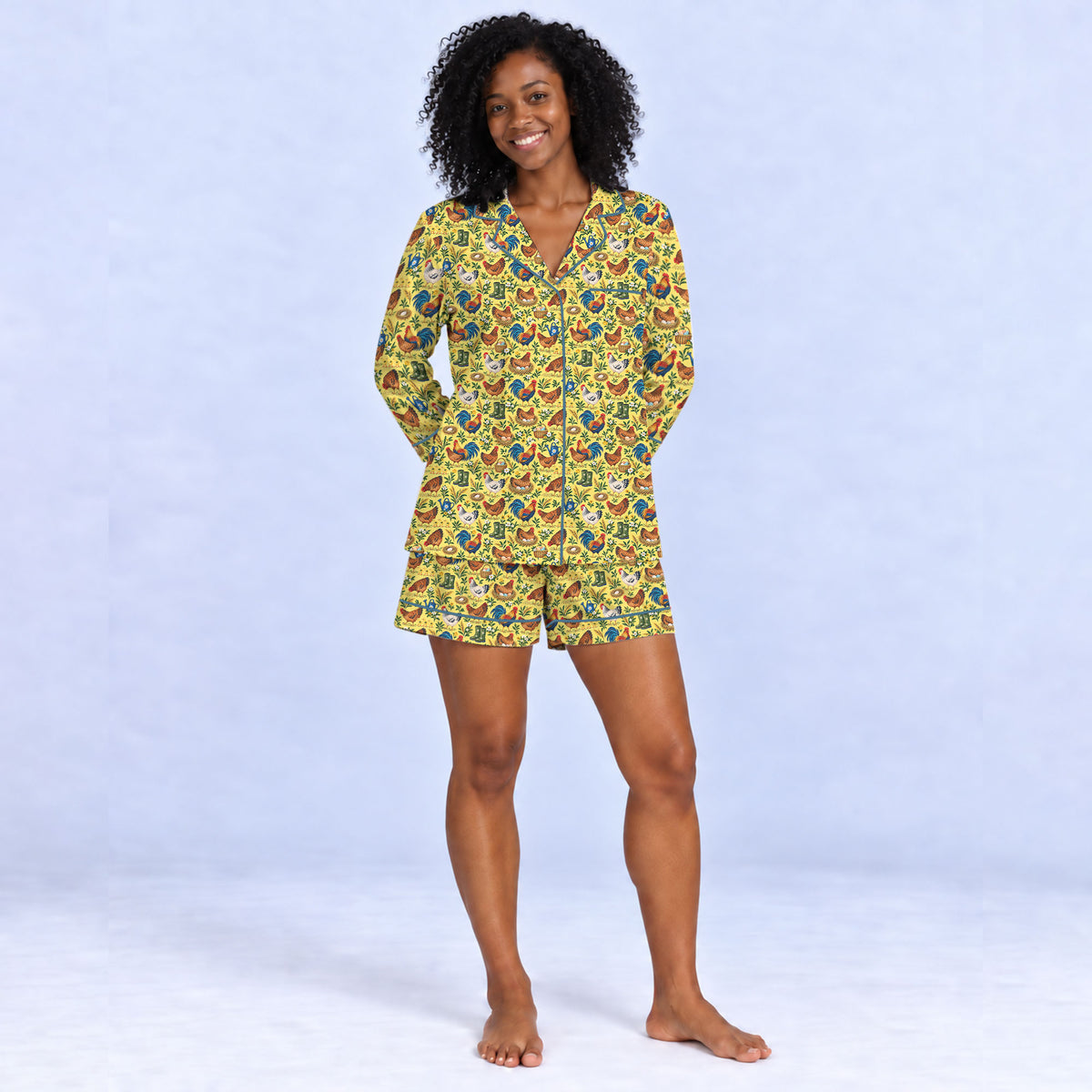 Chicken Farm Pajama Set, Vintage Rooster And Hen Sleepwear, Cozy Long Sleeve Button Down Pajamas For Women