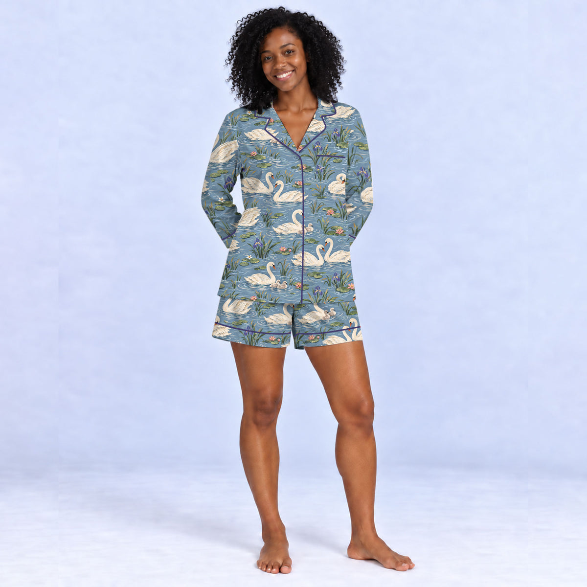 Elegant Swan Pajama Set, Vintage Swan Lake Sleepwear, Cozy Long Sleeve Button Down Pajamas For Women