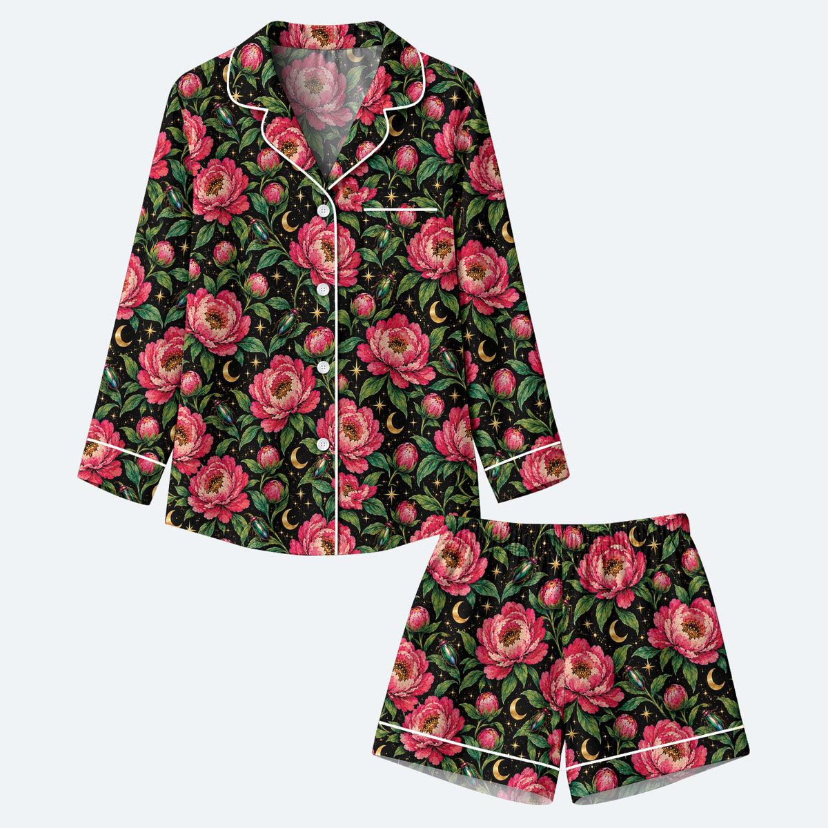 Floral Peony Pajama Set, Celestial Moon Garden Sleepwear, Cozy Long Sleeve Button Down Pajamas For Women