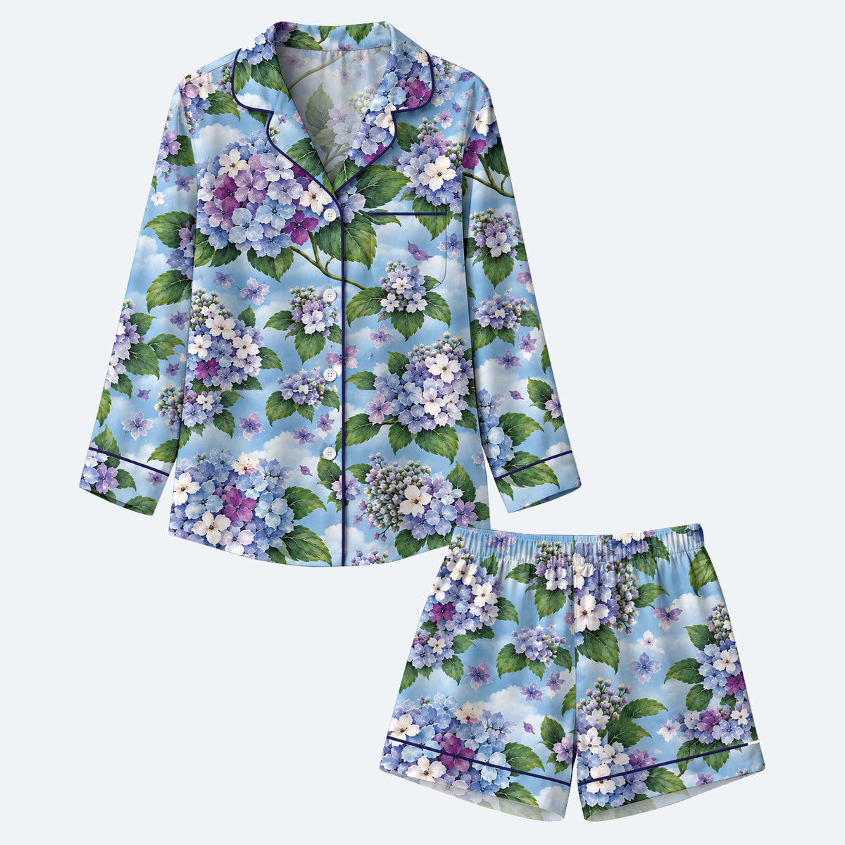 Floral Hydrangea Pajama Set, Blue Botanical Flower Sleepwear, Cozy Long Sleeve Button Down Pajamas For Women