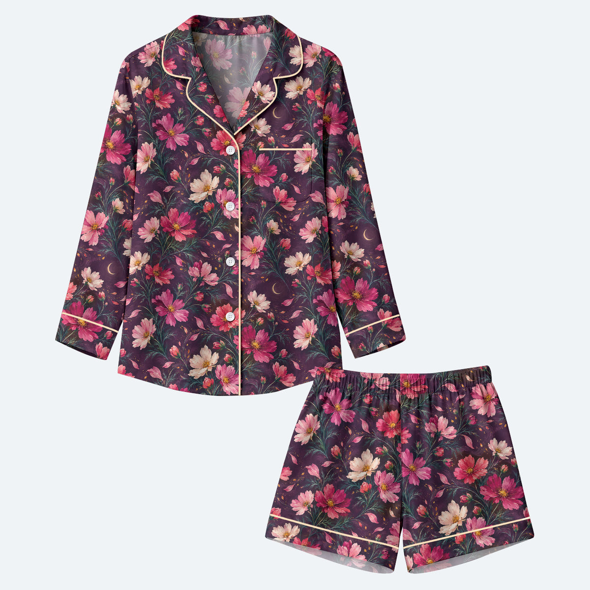 Floral Cosmos Pajama Set, Romantic Wildflower Sleepwear, Cozy Long Sleeve Button Down Pajamas For Women