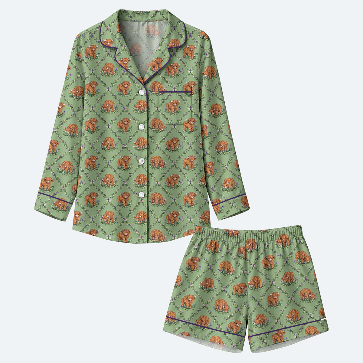 Highland Cow Pajama Set, Floral Highland Cow Sleepwear, Cozy Long Sleeve Button Down Pajamas For Women