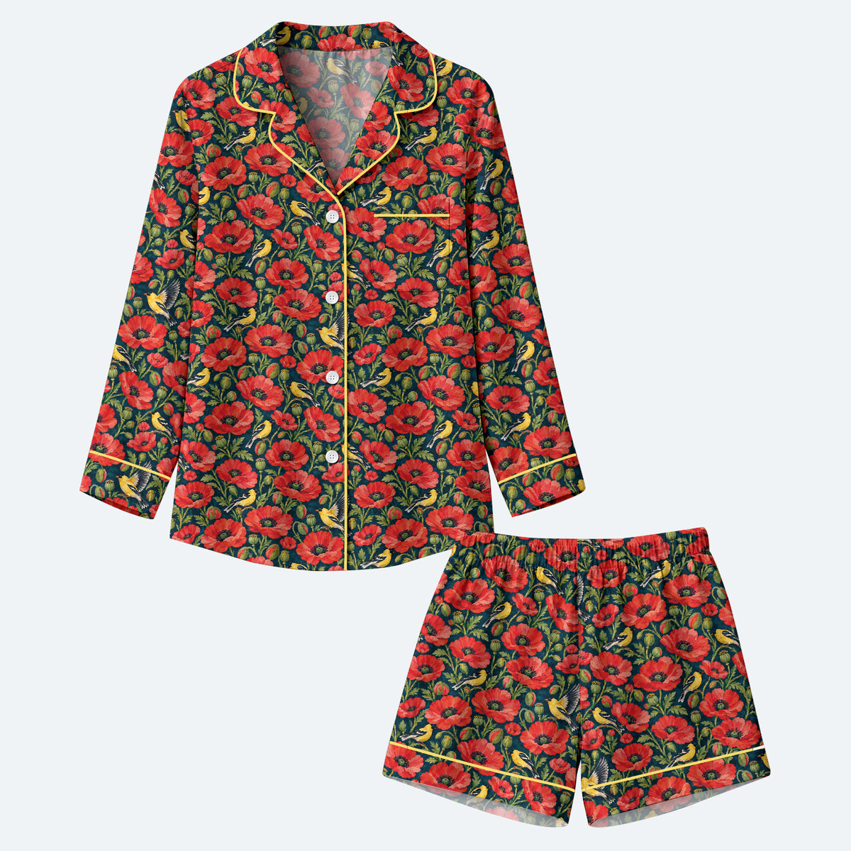 Floral Poppy Pajama Set, Vintage Wildflower Bird Sleepwear, Cozy Long Sleeve Button Down Pajamas For Women
