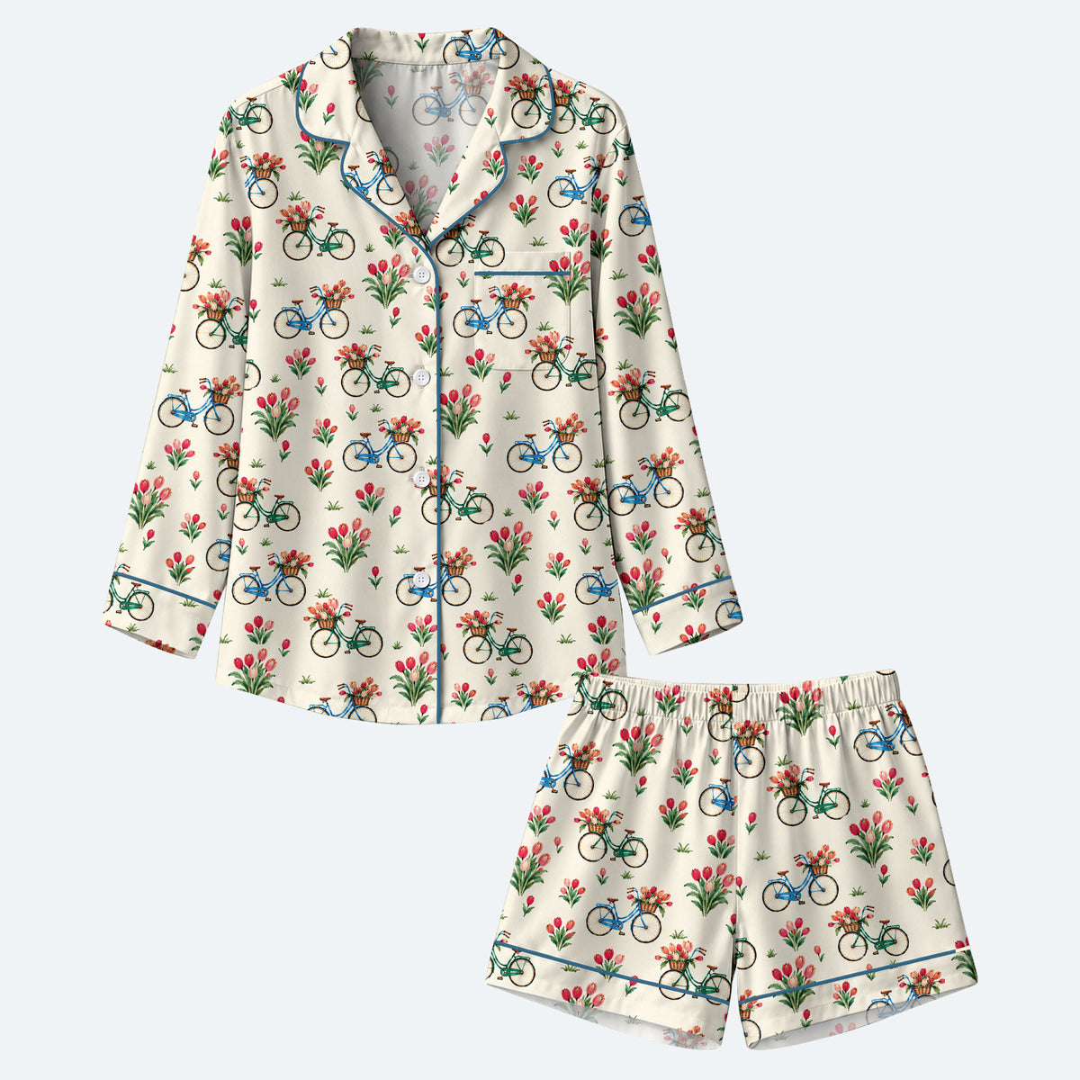Floral Bicycle Pajama Set, Vintage Tulip Garden Sleepwear, Cozy Long Sleeve Button Down Pajamas For Women