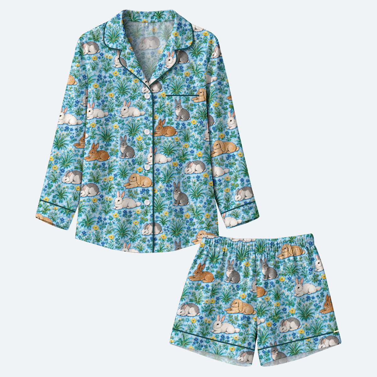 Floral Bunny Pajama Set, Cute Rabbit Garden Sleepwear, Cozy Long Sleeve Button Down Pajamas For Women