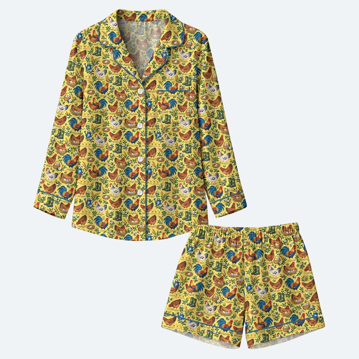 Chicken Farm Pajama Set, Vintage Rooster And Hen Sleepwear, Cozy Long Sleeve Button Down Pajamas For Women