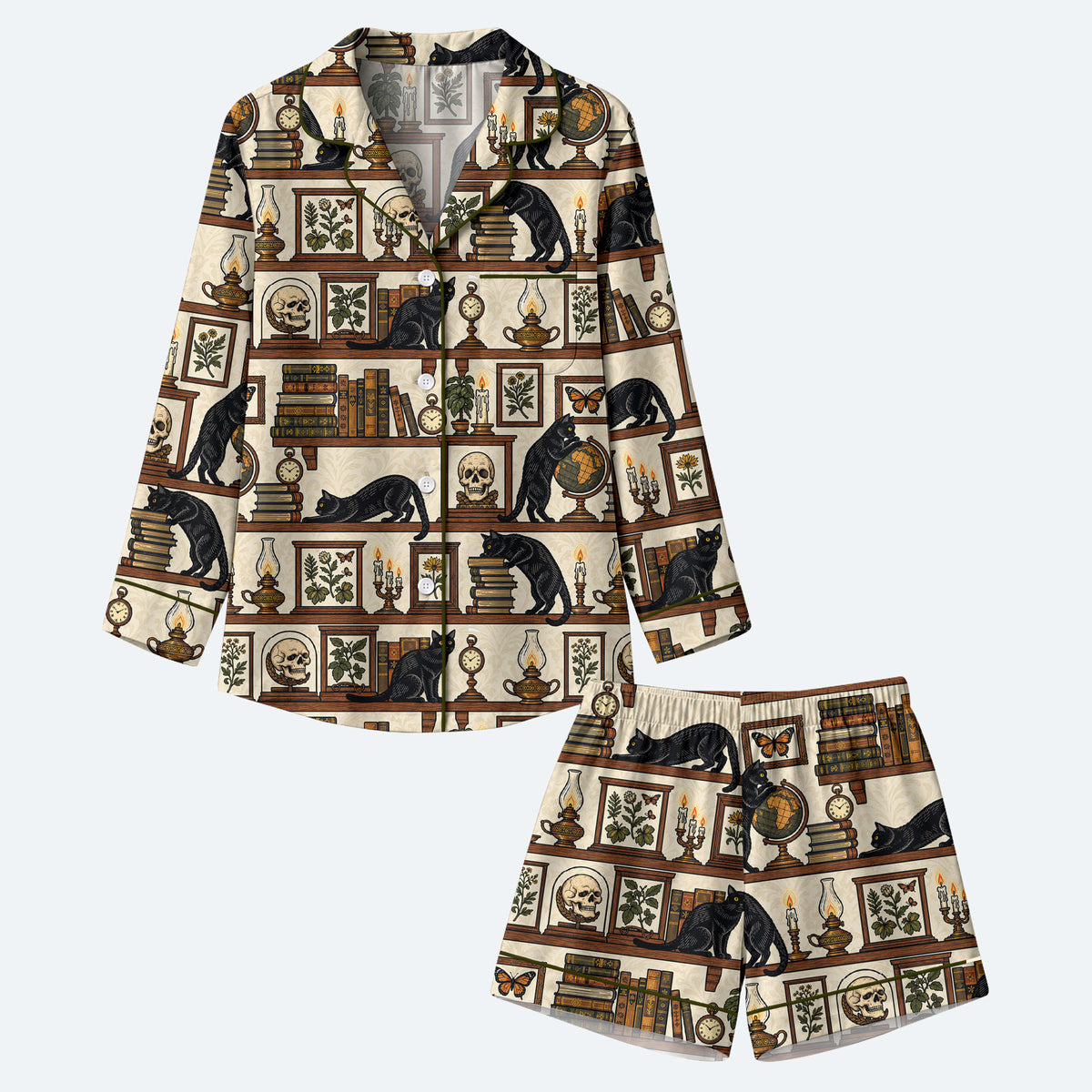 Gothic Black Cat Pajama Set, Vintage Library Cat Sleepwear, Cozy Long Sleeve Button Down Pajamas For Women