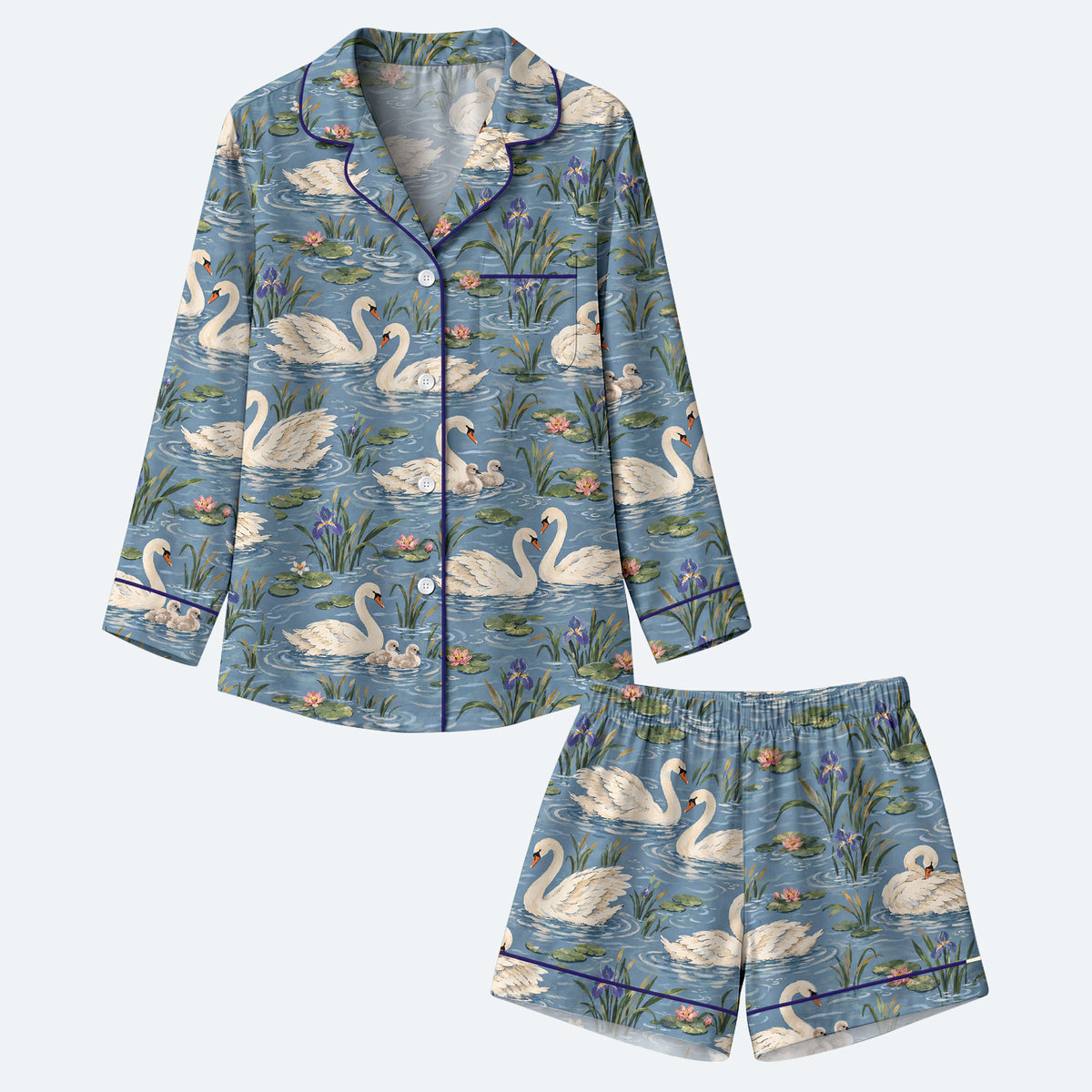Elegant Swan Pajama Set, Vintage Swan Lake Sleepwear, Cozy Long Sleeve Button Down Pajamas For Women