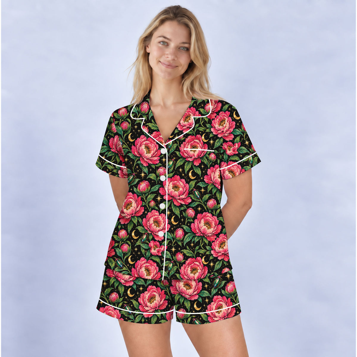 Floral Peony Pajama Set, Celestial Moon Garden Sleepwear, Cozy Long Sleeve Button Down Pajamas For Women