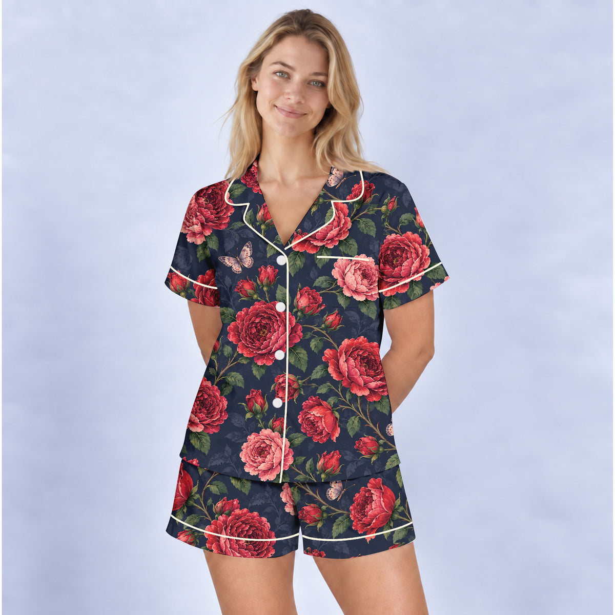 Floral Rose Pajama Set, Vintage Red Rose Butterfly Sleepwear, Cozy Long Sleeve Button Down Pajamas For Women