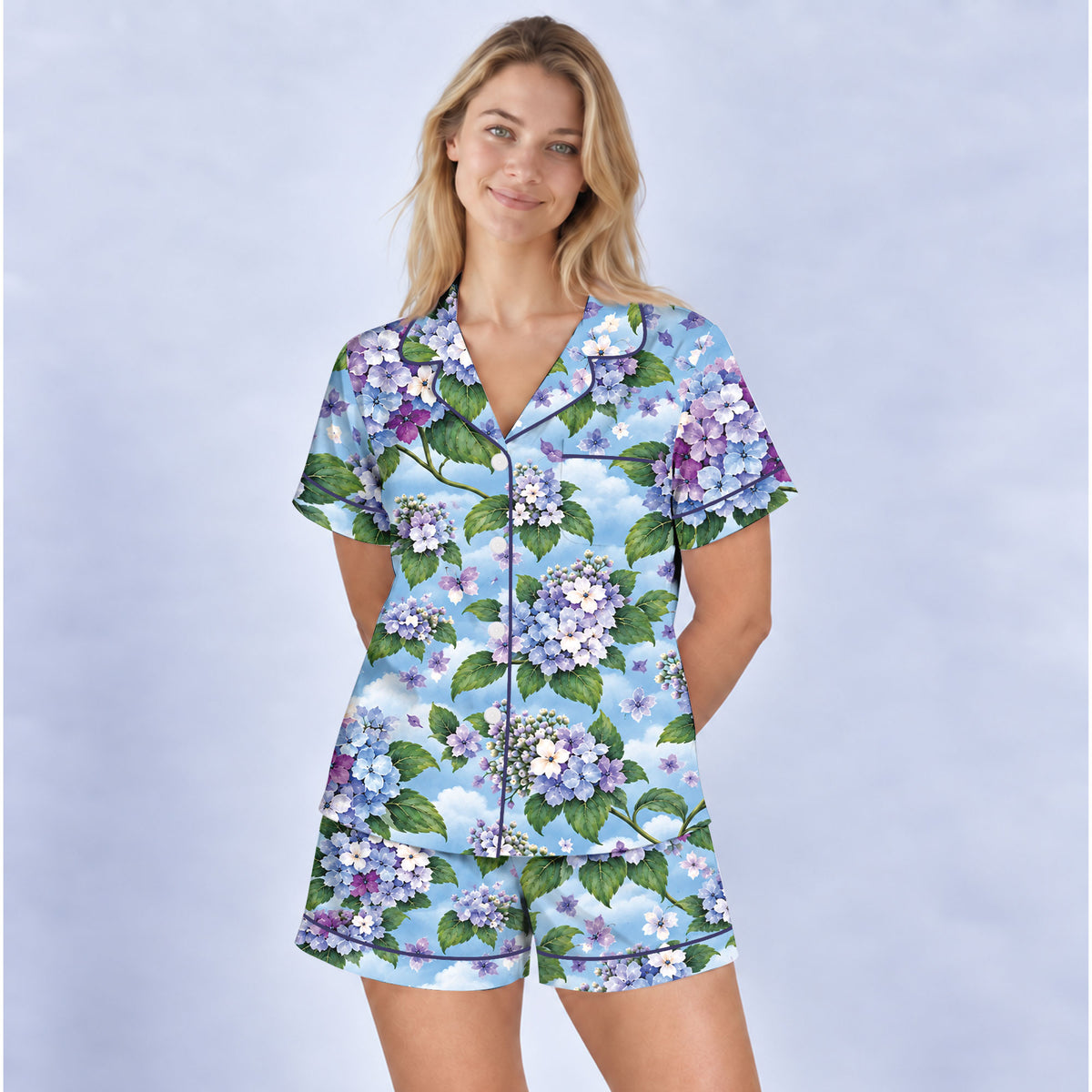 Floral Hydrangea Pajama Set, Blue Botanical Flower Sleepwear, Cozy Long Sleeve Button Down Pajamas For Women