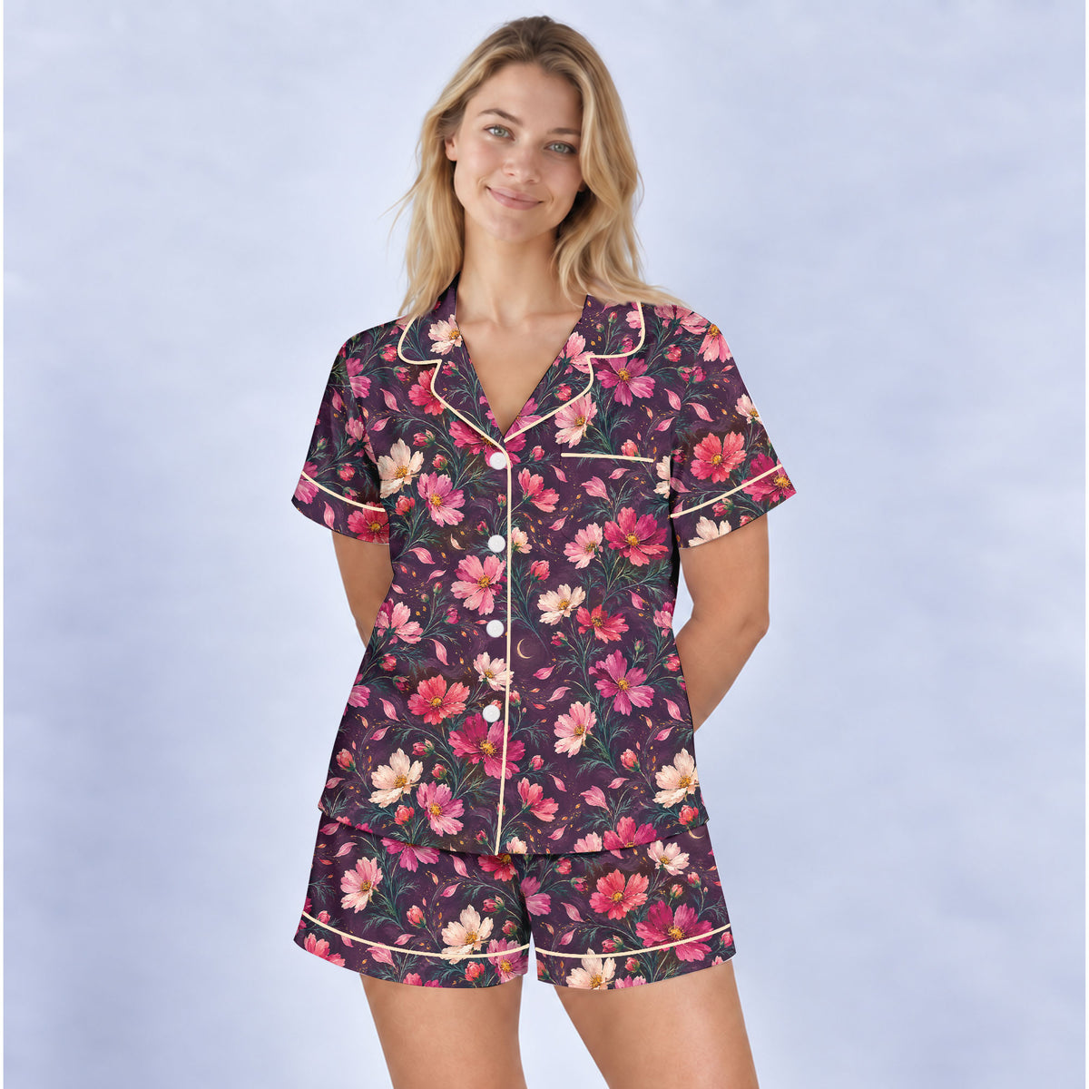 Floral Cosmos Pajama Set, Romantic Wildflower Sleepwear, Cozy Long Sleeve Button Down Pajamas For Women