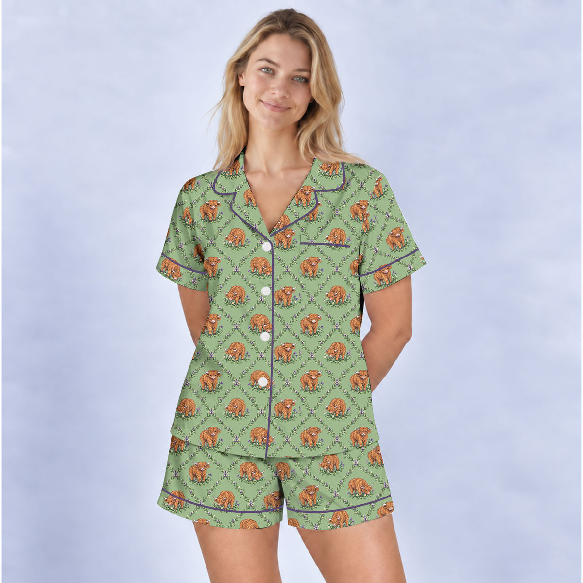 Highland Cow Pajama Set, Floral Highland Cow Sleepwear, Cozy Long Sleeve Button Down Pajamas For Women