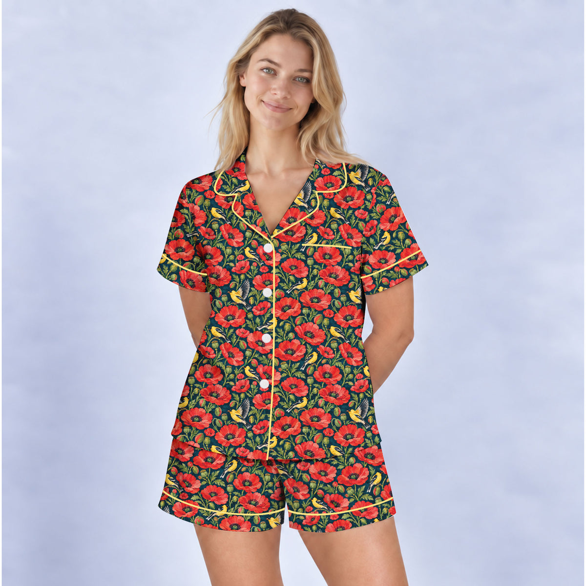 Floral Poppy Pajama Set, Vintage Wildflower Bird Sleepwear, Cozy Long Sleeve Button Down Pajamas For Women
