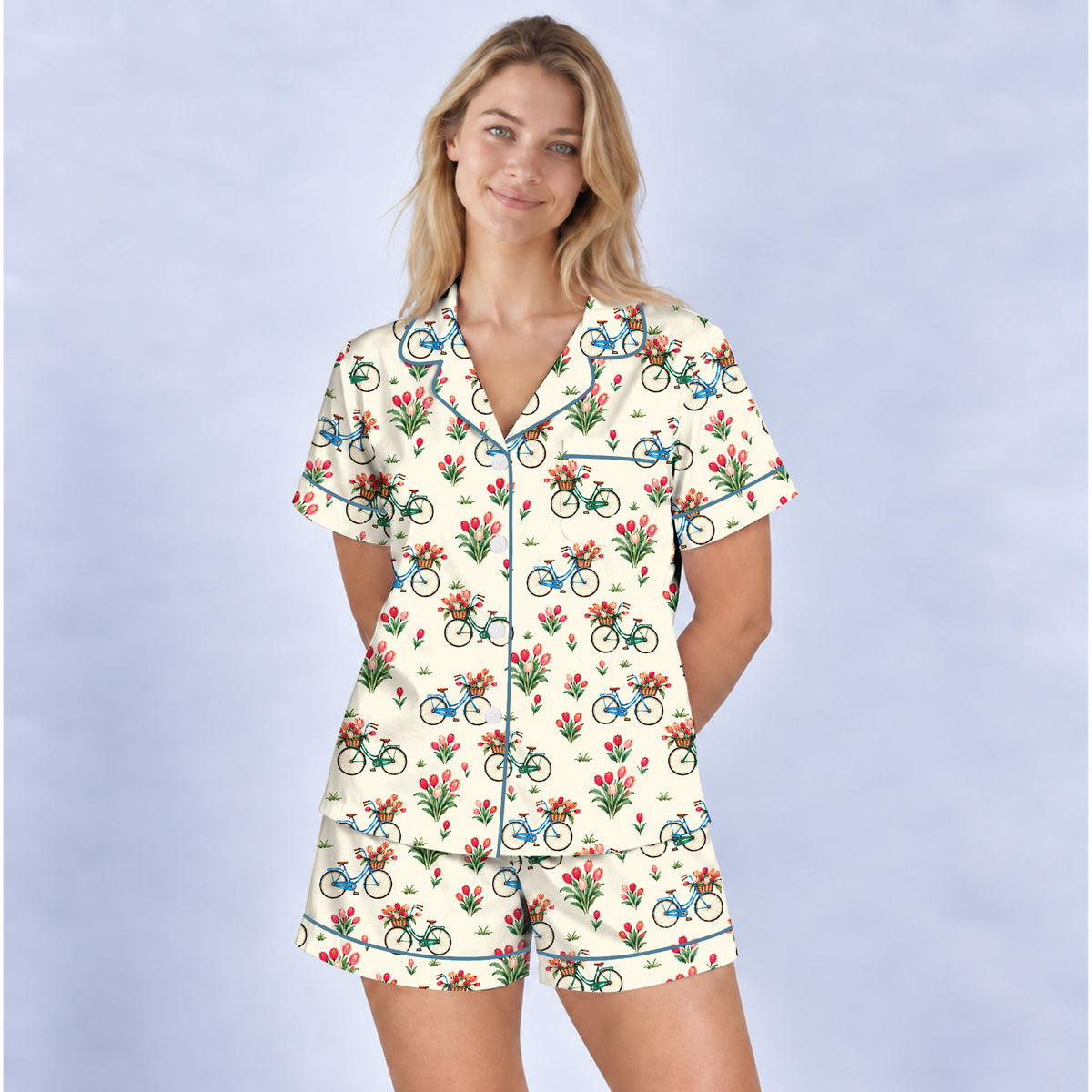 Floral Bicycle Pajama Set, Vintage Tulip Garden Sleepwear, Cozy Long Sleeve Button Down Pajamas For Women