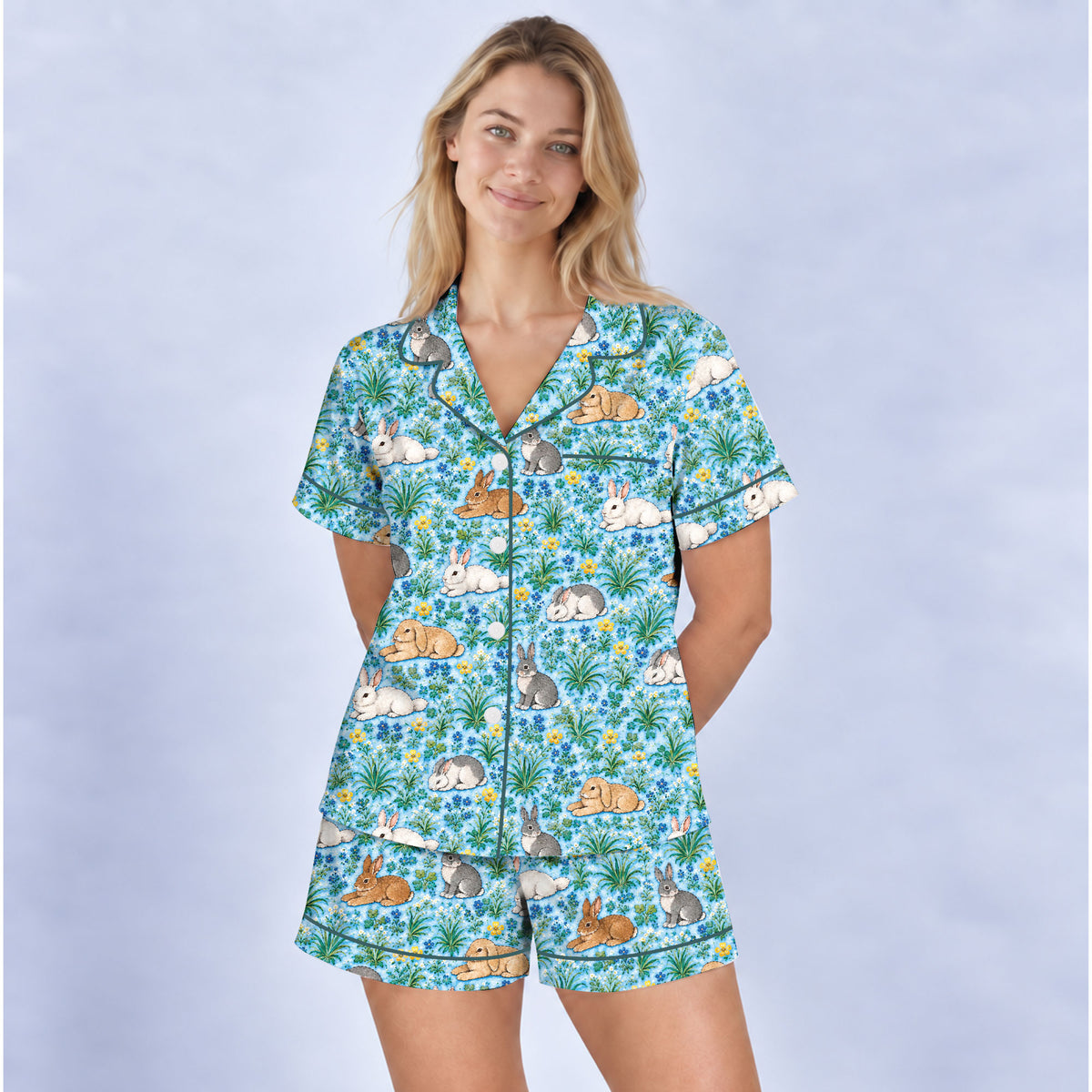 Floral Bunny Pajama Set, Cute Rabbit Garden Sleepwear, Cozy Long Sleeve Button Down Pajamas For Women