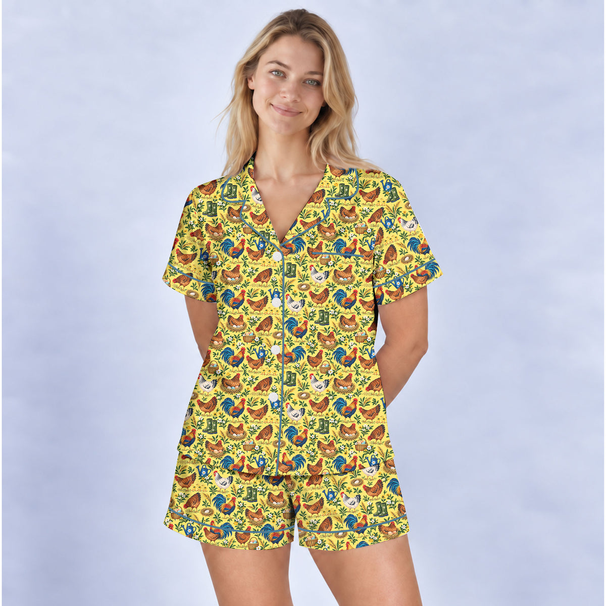 Chicken Farm Pajama Set, Vintage Rooster And Hen Sleepwear, Cozy Long Sleeve Button Down Pajamas For Women