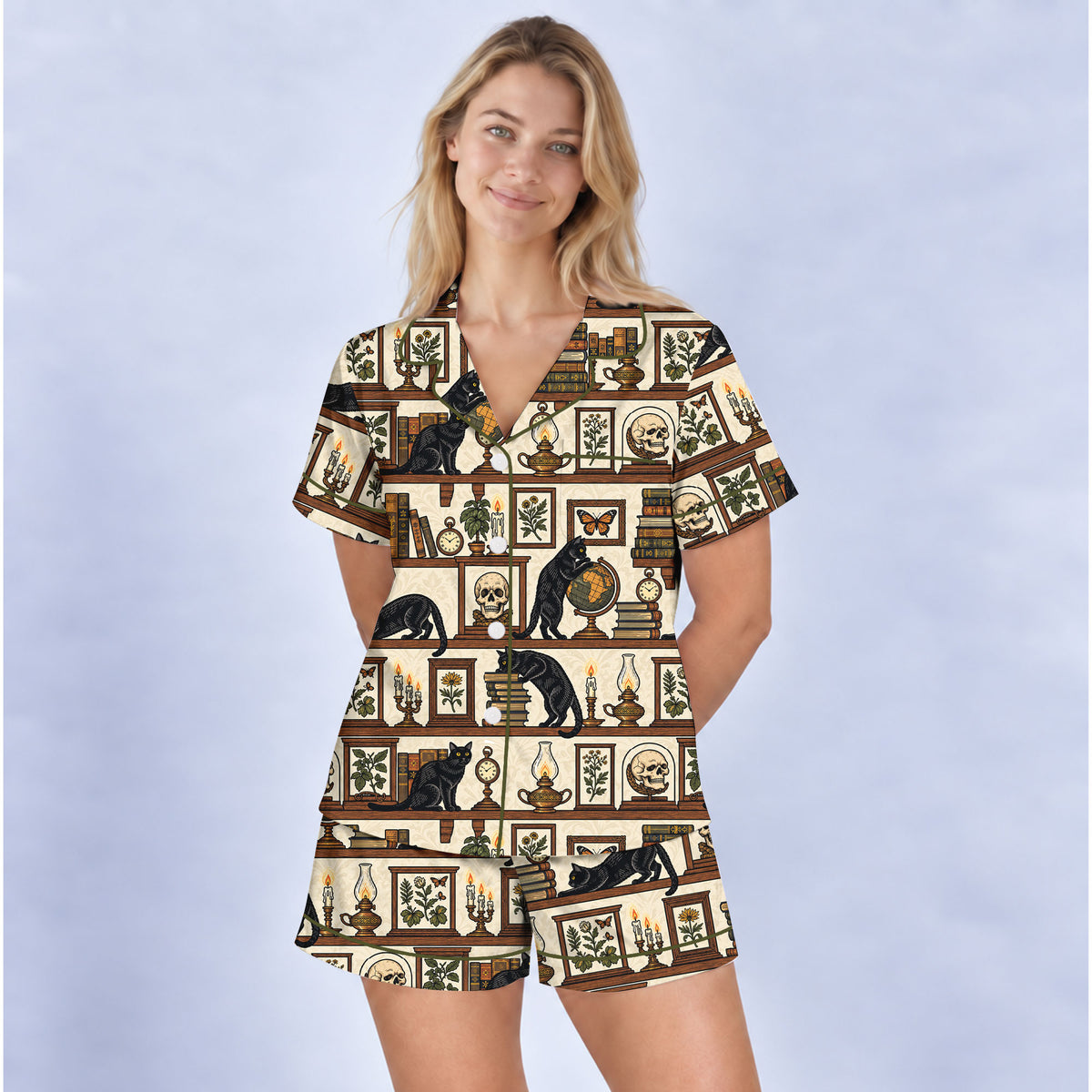 Gothic Black Cat Pajama Set, Vintage Library Cat Sleepwear, Cozy Long Sleeve Button Down Pajamas For Women