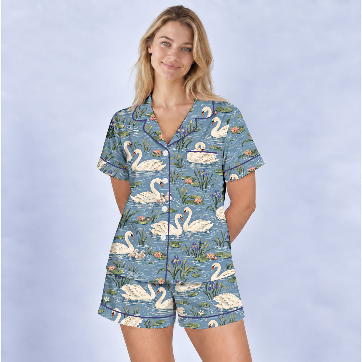 Elegant Swan Pajama Set, Vintage Swan Lake Sleepwear, Cozy Long Sleeve Button Down Pajamas For Women