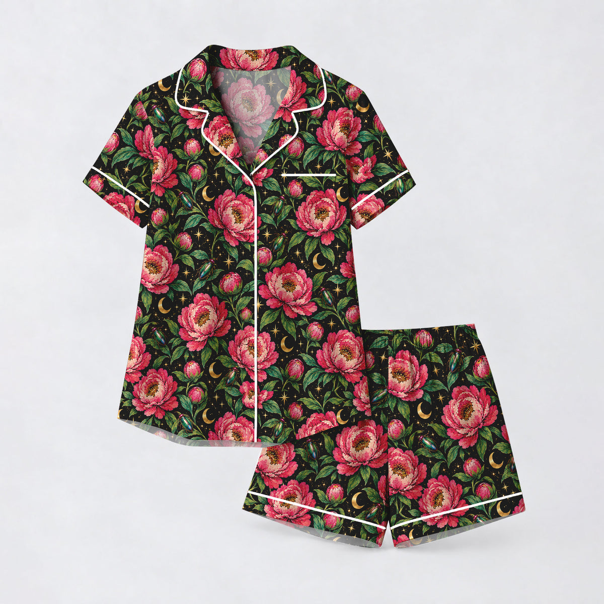 Floral Peony Pajama Set, Celestial Moon Garden Sleepwear, Cozy Long Sleeve Button Down Pajamas For Women