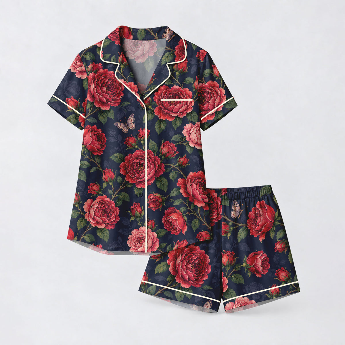 Floral Rose Pajama Set, Vintage Red Rose Butterfly Sleepwear, Cozy Long Sleeve Button Down Pajamas For Women