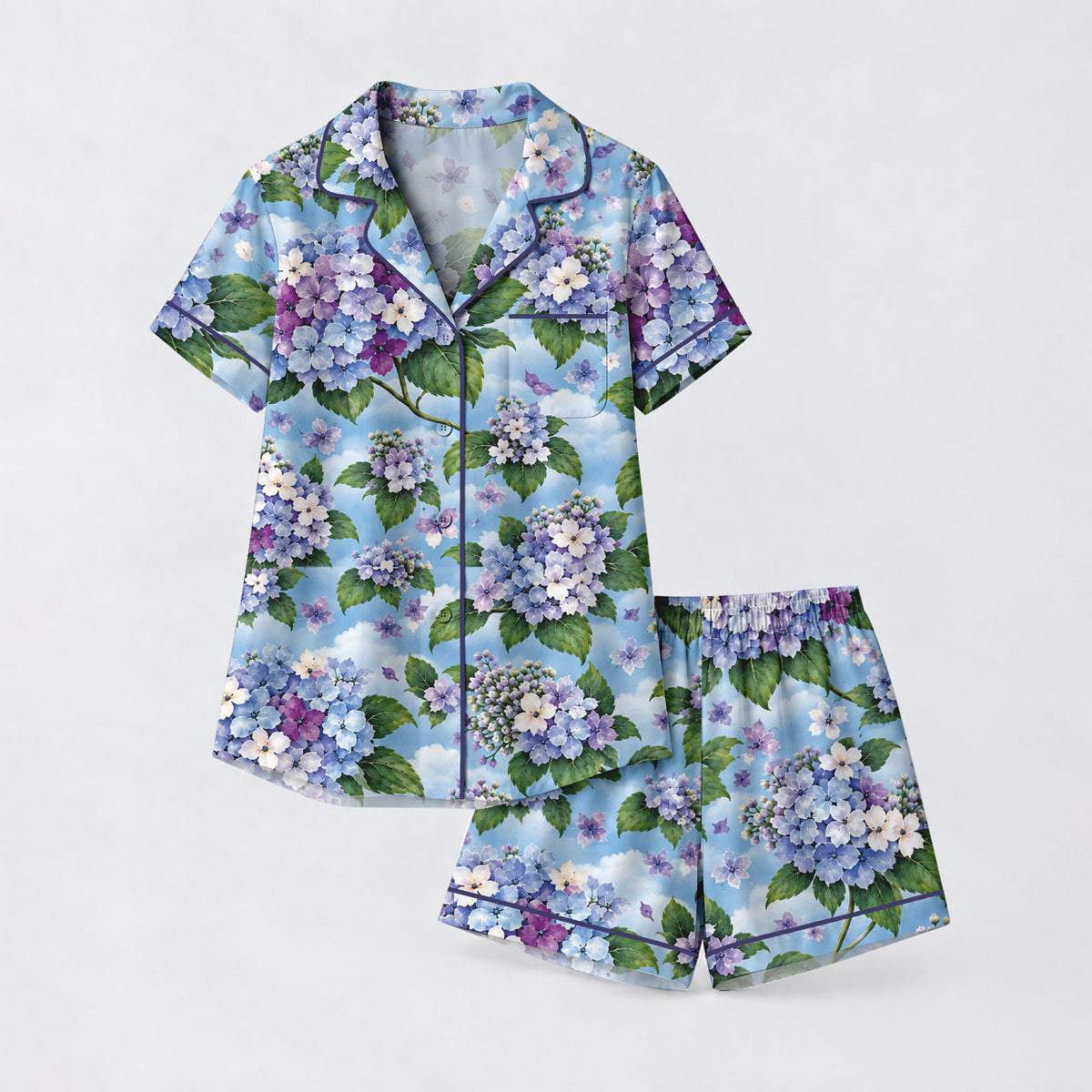 Floral Hydrangea Pajama Set, Blue Botanical Flower Sleepwear, Cozy Long Sleeve Button Down Pajamas For Women