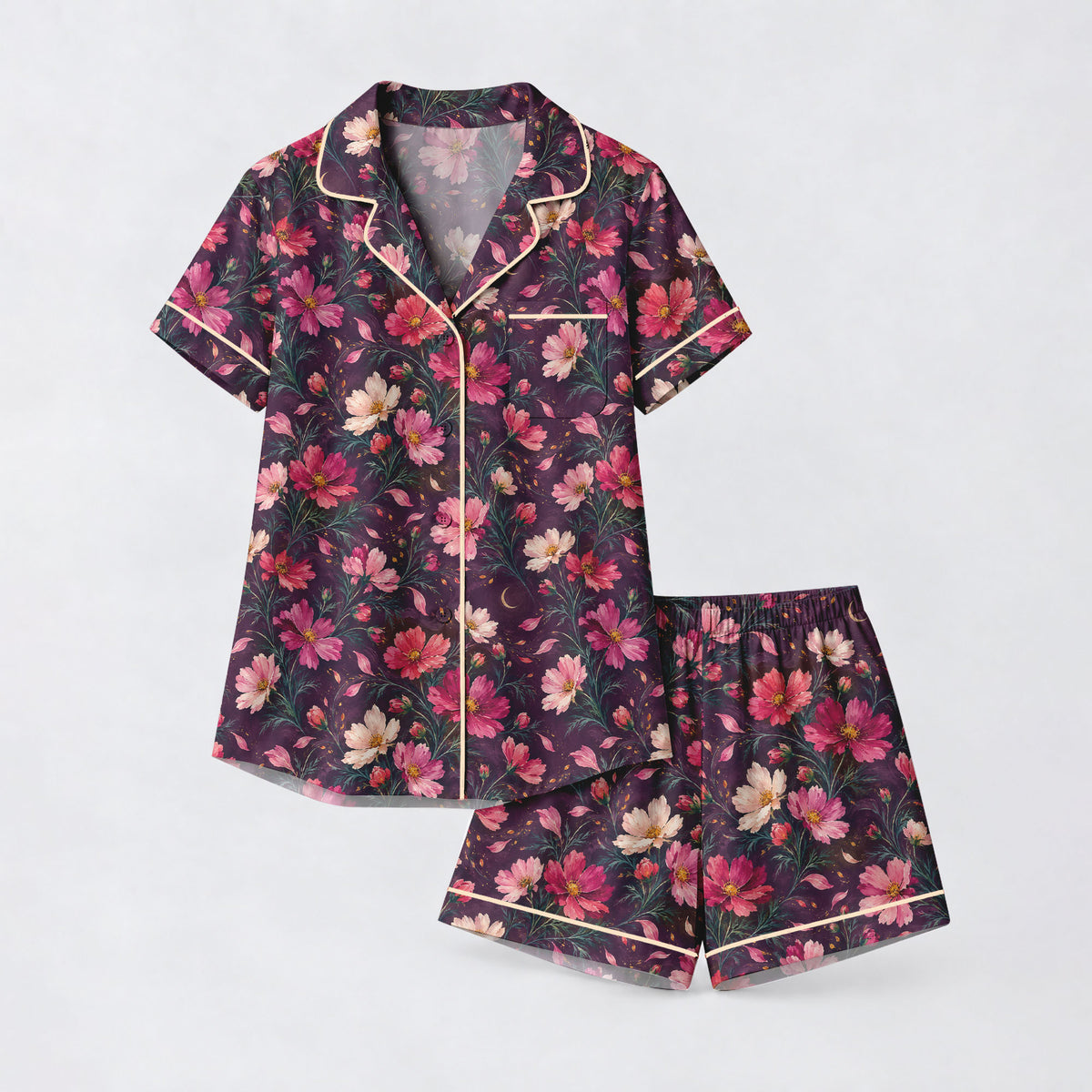 Floral Cosmos Pajama Set, Romantic Wildflower Sleepwear, Cozy Long Sleeve Button Down Pajamas For Women