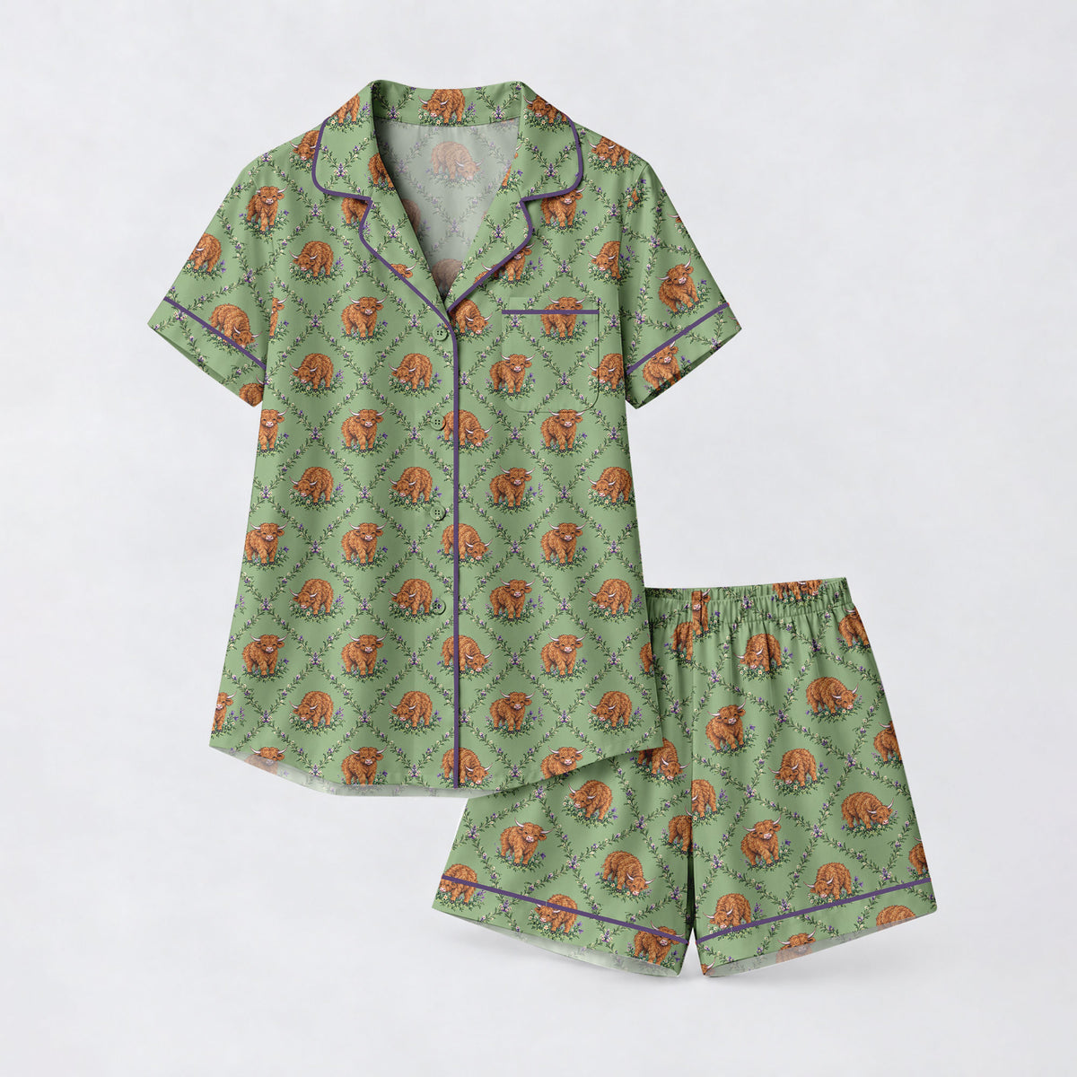 Highland Cow Pajama Set, Floral Highland Cow Sleepwear, Cozy Long Sleeve Button Down Pajamas For Women