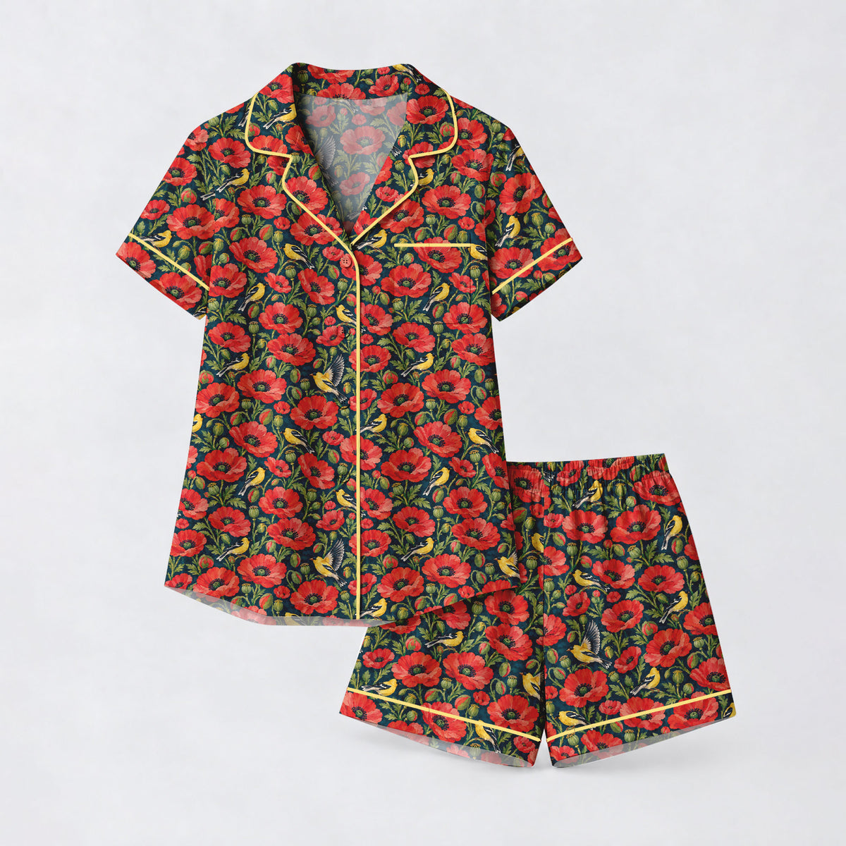Floral Poppy Pajama Set, Vintage Wildflower Bird Sleepwear, Cozy Long Sleeve Button Down Pajamas For Women