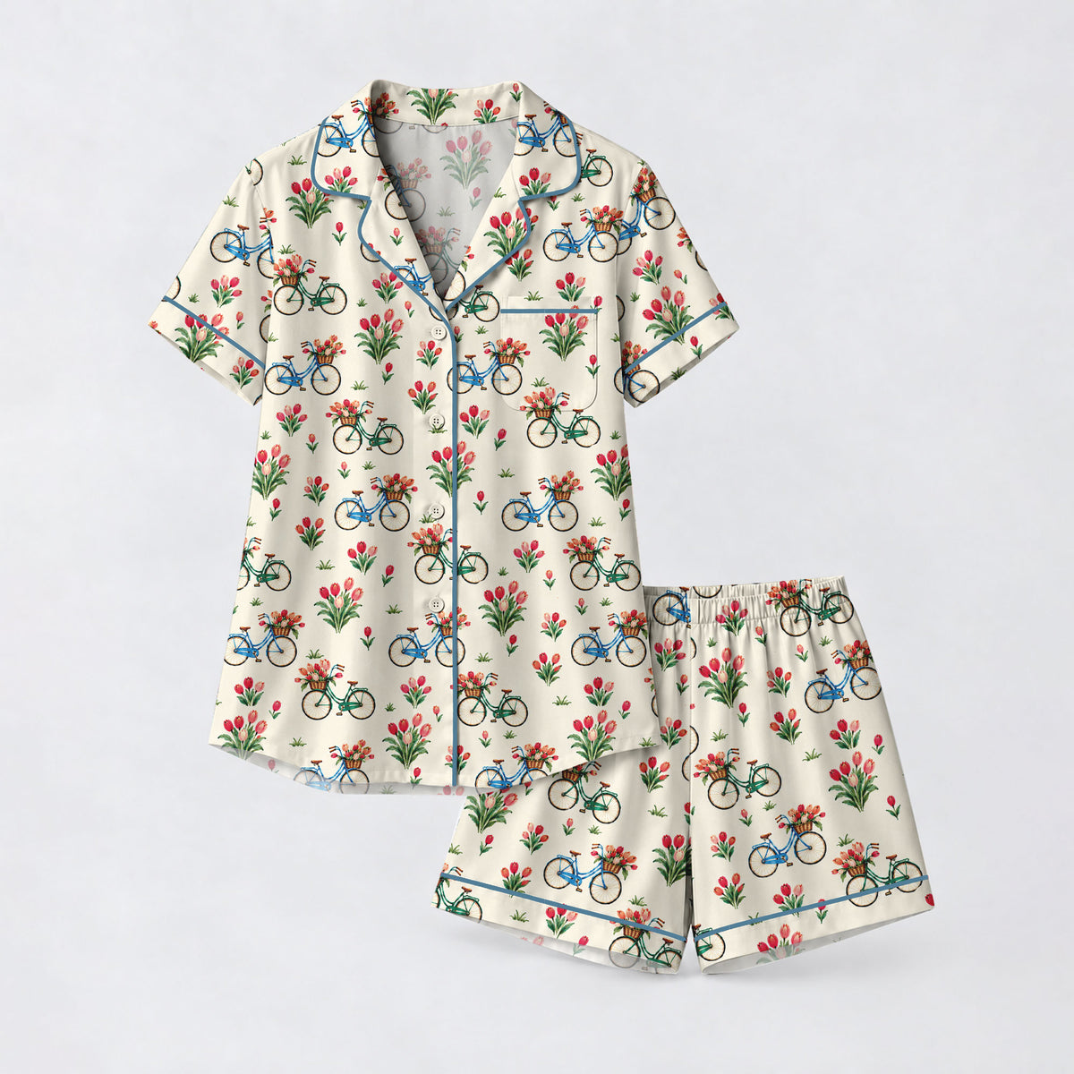 Floral Bicycle Pajama Set, Vintage Tulip Garden Sleepwear, Cozy Long Sleeve Button Down Pajamas For Women