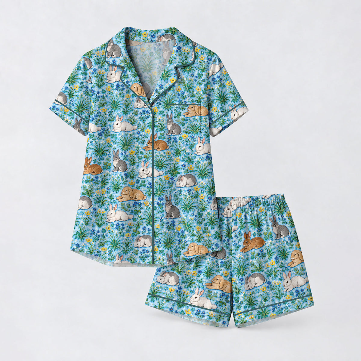 Floral Bunny Pajama Set, Cute Rabbit Garden Sleepwear, Cozy Long Sleeve Button Down Pajamas For Women