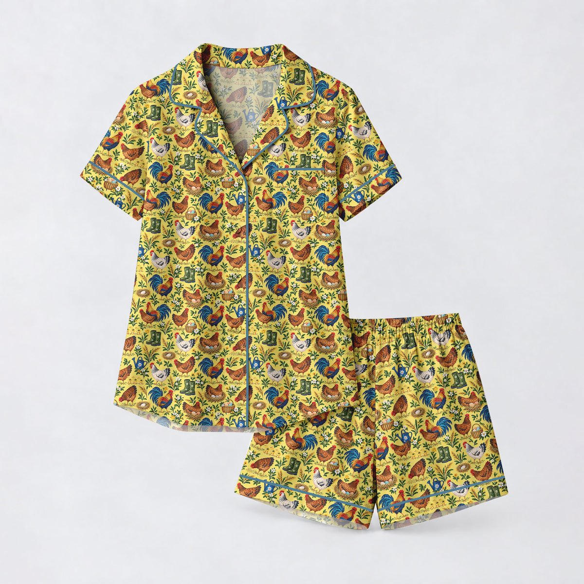 Chicken Farm Pajama Set, Vintage Rooster And Hen Sleepwear, Cozy Long Sleeve Button Down Pajamas For Women
