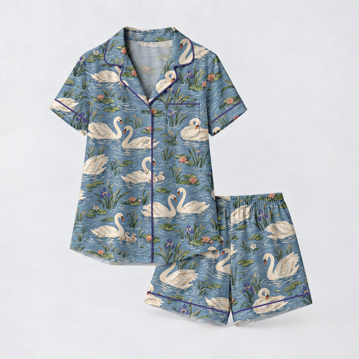 Elegant Swan Pajama Set, Vintage Swan Lake Sleepwear, Cozy Long Sleeve Button Down Pajamas For Women